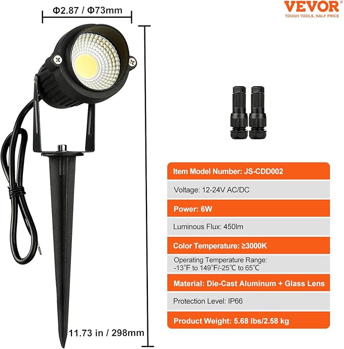 VEVOR Landscape Lighting, 6W Low Voltage LED Landscape Lights, IP66 Waterproof Landscape Spotlights Yard Lawn Garden Pathway Outdoor Lights 12V 24V 450LM Warm White 3000K (12 Pack with Connectors)