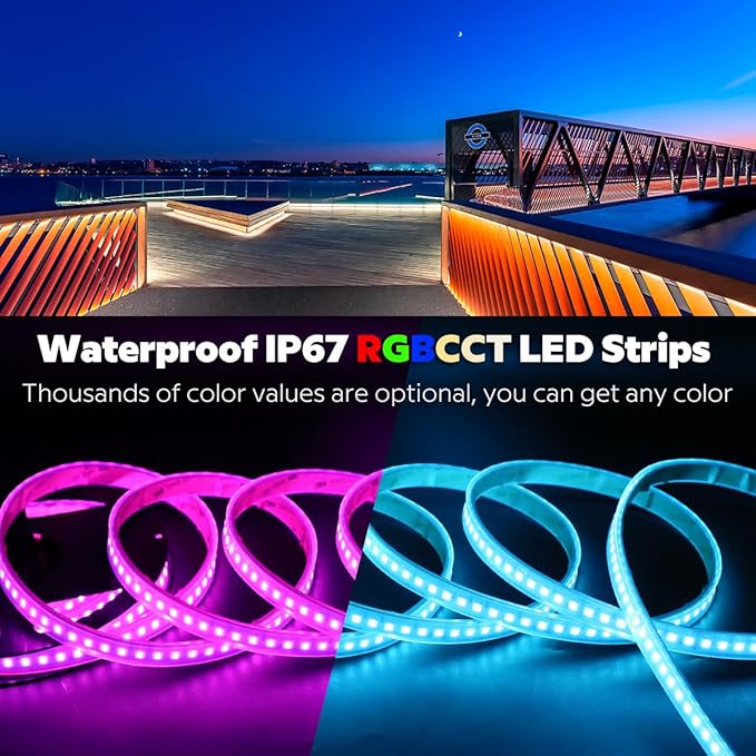 Densest 560 LEDs and Brightest 5 in 1 Outdoor RGBWW LED Strip 24V Waterproof IP67 RGBCCT LED Tape Light 16.4FT