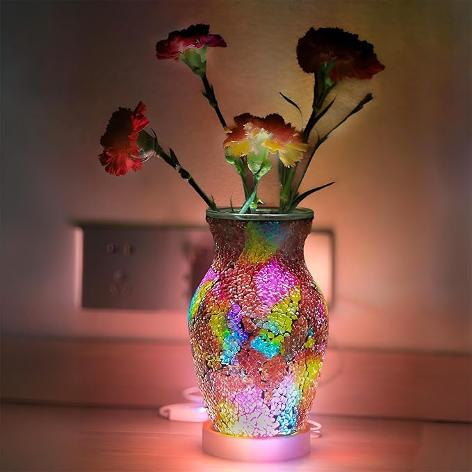 8-Inch Handcrafted Mosaic Cracked-Ice Vase Bedside Lamp with USB-Powered LED Wooden Base,Single-Switch Auto-Cycle RGB Mood Light, Ruby Red Vase USB Night Light for Party,Camping Decor
