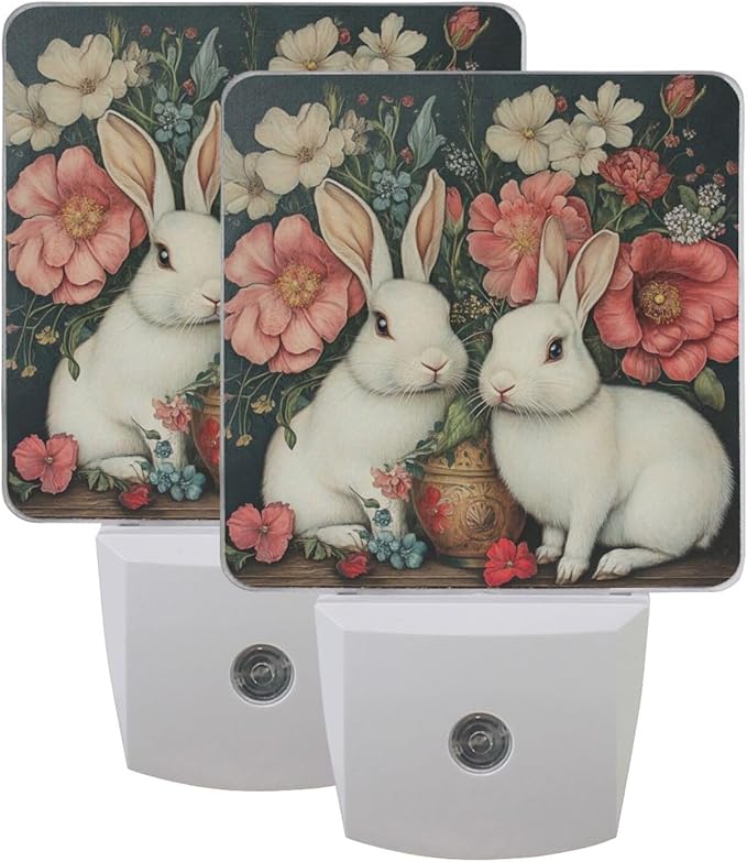 Easter Flower White Rabbit Night Light 2 Pack Dusk to Dawn Sensor Led Lamp for Women Men Night Lights Plug into Wall Decor for Bedroom Kitchen Corridor, 0.5W