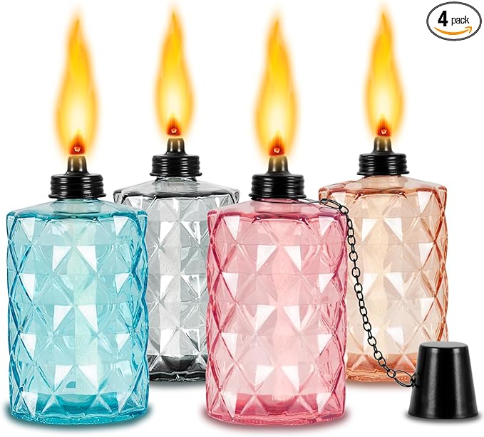 Nonley Glass Table Top Torches, 4 Pack Citronella Torches for Outside, 12oz Flame Light Torch,Refillable, Wick and Cap Included, Landscape Lanterns Torches for Garden Yard Patio Party Decor