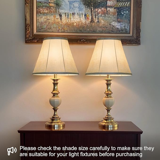 Lamp Shades Set of 2, Champagne Beige Bell Lamp Shades 6" x 13" x 10"High, Medium Shade Replacement Fabric Natural Linen Hand Crafted(Spider Fitter), Harp Holders Included, Easy Assembly Required