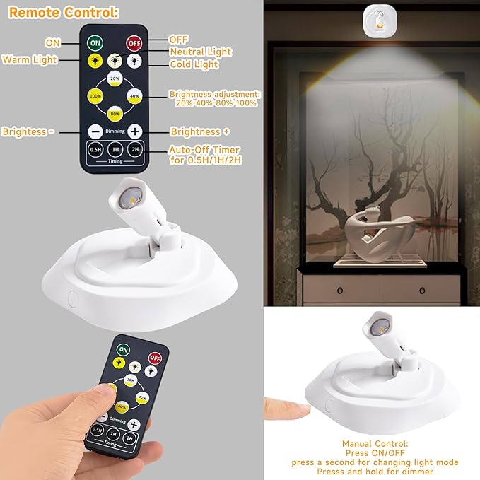 Wireless LED Spotlight Indoor with Remoter, 2 Pack Battery Powered Picture Lights, Rechargeable Spot Lights with 3 Colors Mode, Dimmable Timer Art Lights Accent Puck Light for Plant Wall