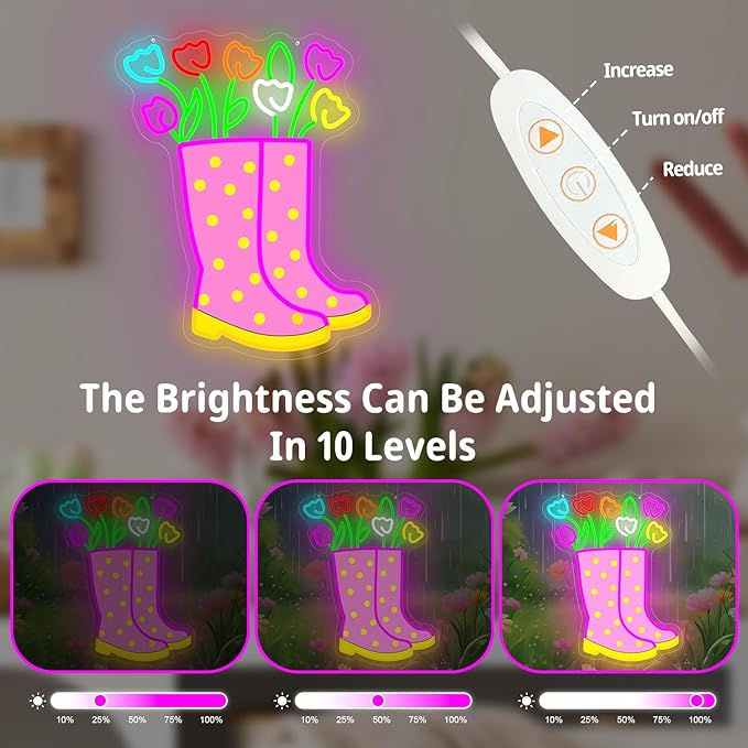 Spring Tulips Rain Boots Neon Sign Dimmable Flower Neon Lights Polka Dot Boot Tulip Light Up Sign Easter Led Wall Art Spring Decorations for Office Home Garden