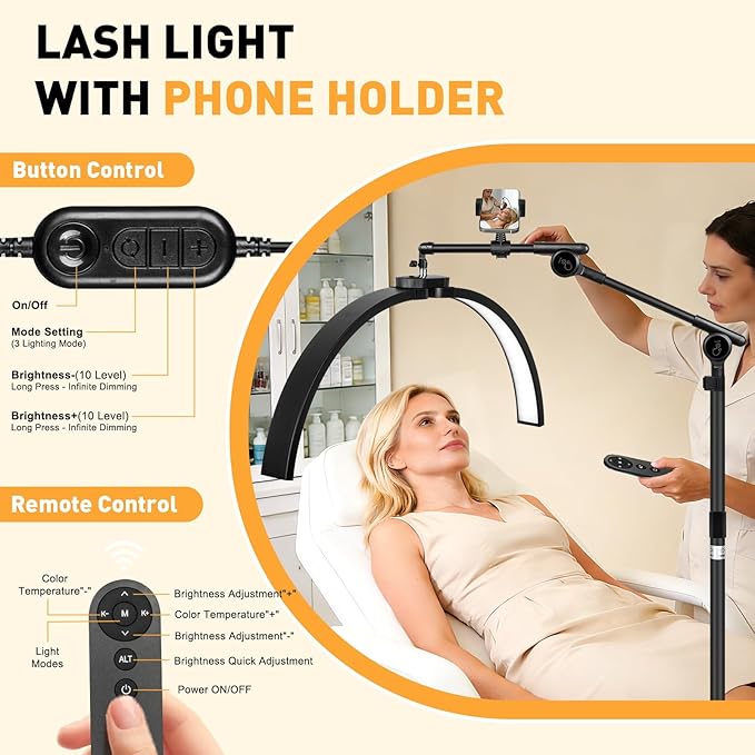 Half Moon Light for Eyelash Tech, 27.5” Ultra-Wide 45W Lash Light with 392 LEDs, Adjustable Height Esthetician Light with Phone Holder, Dimmable Tattoo & Nail Tech Lamp, Salon Lighting(Black