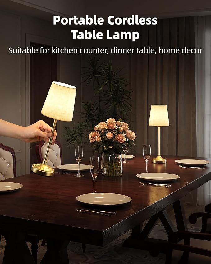 Battery Operated Lamp, 8000mAh, Ambient Light, Touch Control, Dimmable, Portable, 2700K, LED, Wireless, Rechargeable, Battery Operated, Desk Lamp, Kitchen Lamp, Fabric Shade, for Dining Room, Bedroom
