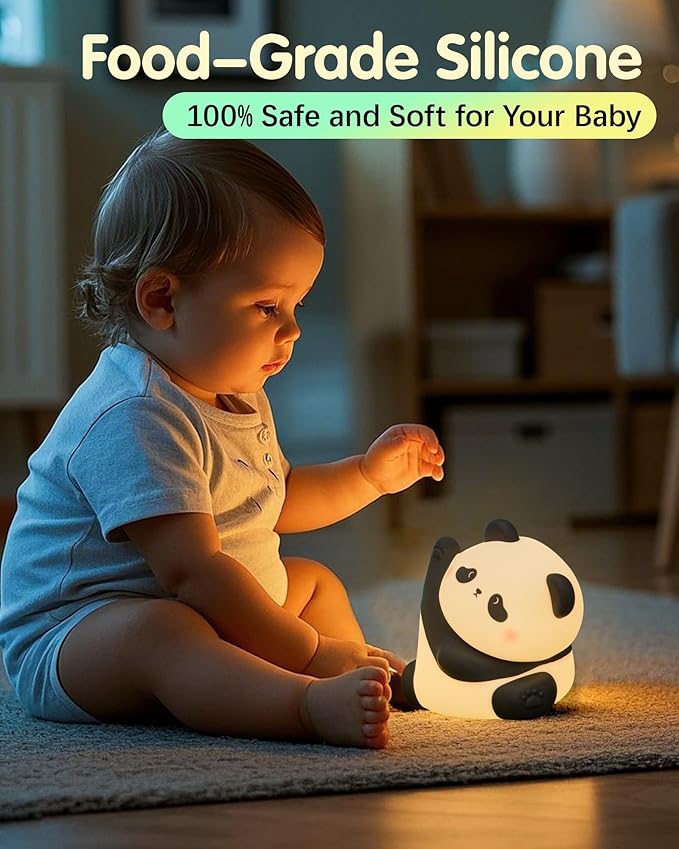 Panda Night Light, Rechargeable 3 Level Dimmable LED Squishy Nursery Nightlight, Food Grade Silicone Animal Night Lamps Cute Bedside Touch Lamp for Breastfeeding Holiday Gift for Boys & Girls