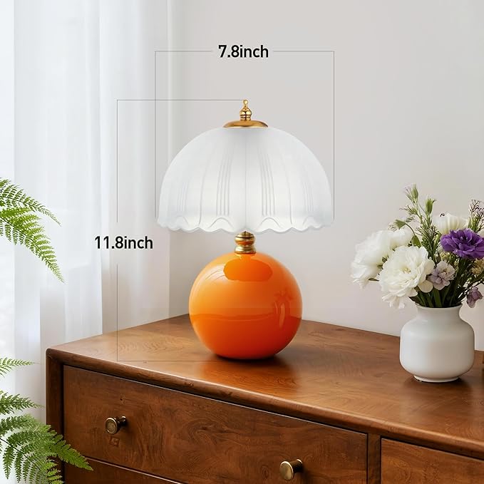 PARTPHONER Mushroom Table Lamp, Ceramic Bedside Lamp with Glass Shade, 3-Way Lighting (2700K-5000K) Rocker Switch, Small Nightstand Lamp for Bedroom, Living Room, Office, Orange