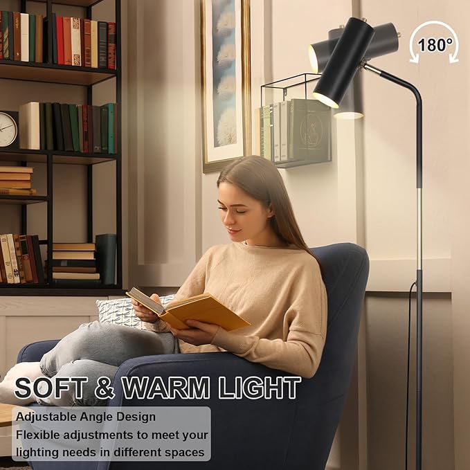 Floor Lamp, Industrial Floor Lamps for Living Rooms & Bedrooms - Rustic Farmhouse Reading Lamp Standing, Adjustable Metal Heads Indoor Task Lighting for Living Room Office Home Décor (LED Black)