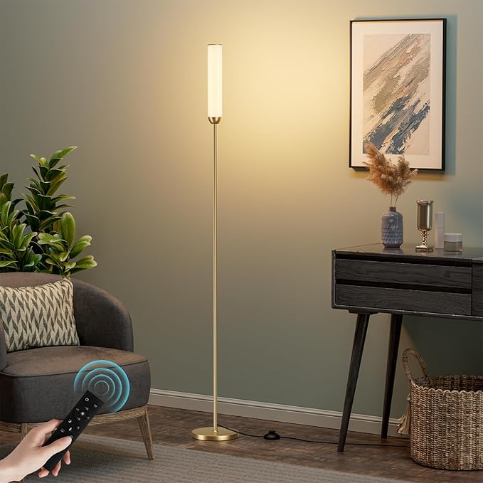 Ambimall LED Floor Lamp with Remote Control, 65" Standing lamp with Stepless Adjustable 3000K-6500K Colors & 30-100% Brightness, Foot Switch(Gold)