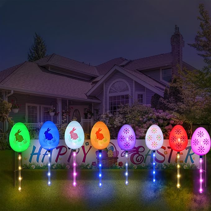 Upgraded 8-Pack Solar Easter Egg Stake Lights for Easter Decorations, Outdoor Waterproof Solar Easter Yard Stake Lighted Egg Lights for Garden Patio Yard Pathway Lawn Decor (Big Egg)