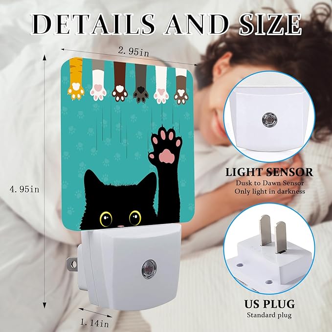 Funny Black Cat Night Light, Plug-into Wall Cat Paw Nightlight Lamp with Dusk to Dawn Sensor, Led Lamp 0.5W Energy Efficient for Boys Girls Adults Home Decor