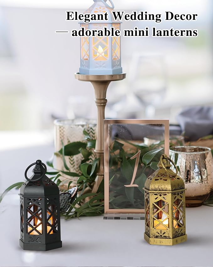 8-Pack Mini Lanterns with Flickering LED Candles for Ramadan, Moroccan Decorative Hanging Lanterns for Halloween, Christmas, Wedding, Black Lantern for Table Centerpiece, Home & Party Decor