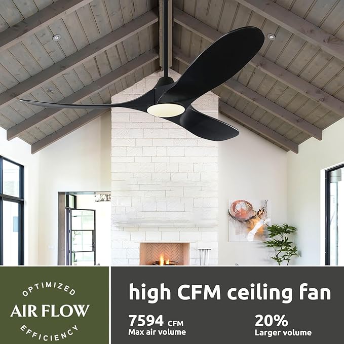 60 Inch Outdoor Ceiling Fans for Patios with Light, Smart Black Ceiling Fan with Remote/App/Alexa Control, 3 Blade Wood Propeller High CFM DC Ceiling Fan Low Profile for Indoor Outside Porch Gazebo