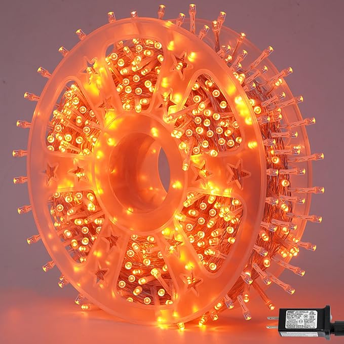 YEGUO 165ft 500 LED Halloween Lights Outdoor Waterproof, Orange String Lights Indoor Plug in, 8 Modes Clear Wire Orange Lights for Halloween