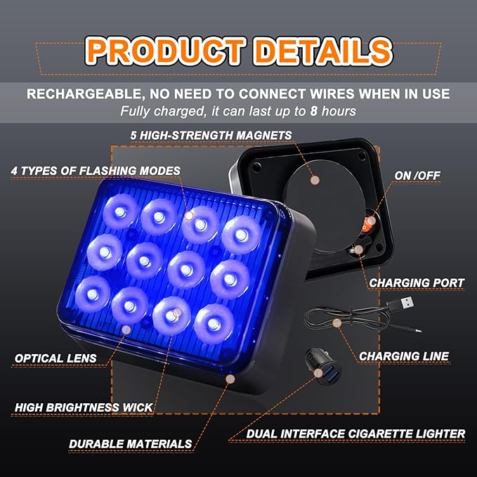 2PCS LED Wireless Magnetic Strobe Lights LED Blue Beacon Warning Emergency Light, Waterproof Surface Mount Flashing Rechargeable Strobe Light for 12V-24V Trucks Vehicles Police Cars ATV SUV