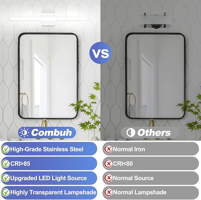 Combuh LED Vanity Lights Bar 24 Inch Bathroom Light Fixtures 14W IP44 Over Mirror Lighting Indoor Wall Sconces Modern Cool White 6000K for Washroom
