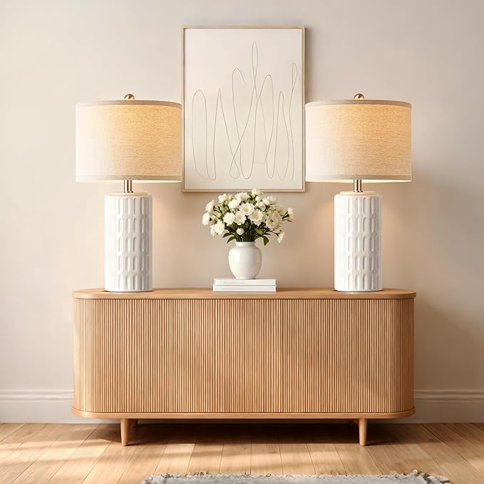 PARTPHONER 23" Farmhouse Modern Ceramic Table Lamp Set of 2 - White Bedside Lamps for Bedroom & Living Room, Nightstand, Desk, End Table