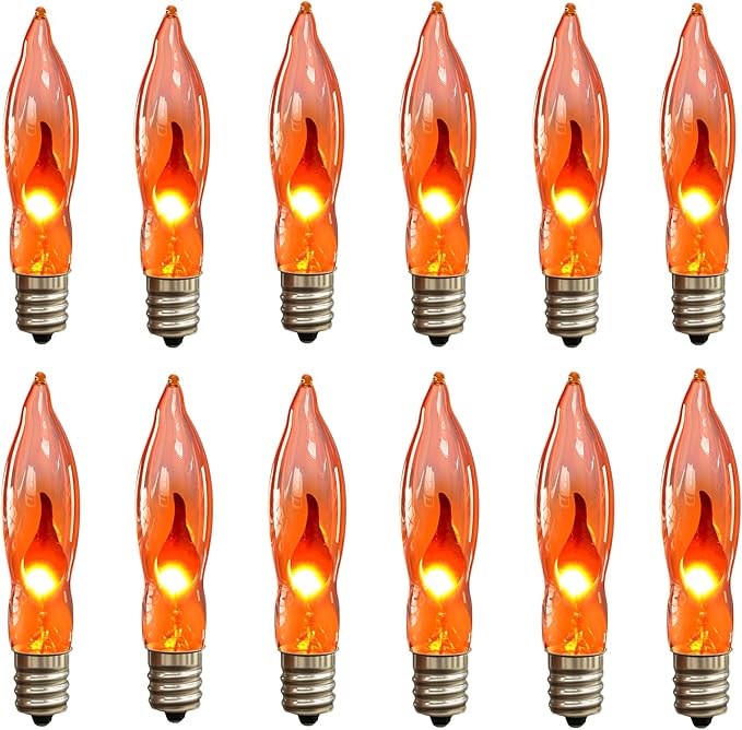 Orange Flickering Flame Light Bulbs with E12 Base, 12 Pack C18 Halloween Light 1W, Candelabra Night Light Bulbs for Halloween String Light,Electric Window Candle Light,Halloween Chandelier