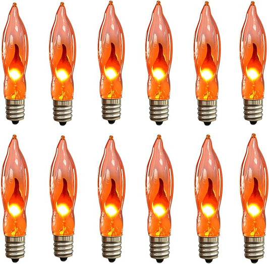 Orange Flickering Flame Light Bulbs with E12 Base, 12 Pack C18 Halloween Light 1W, Candelabra Night Light Bulbs for Halloween String Light,Electric Window Candle Light,Halloween Chandelier
