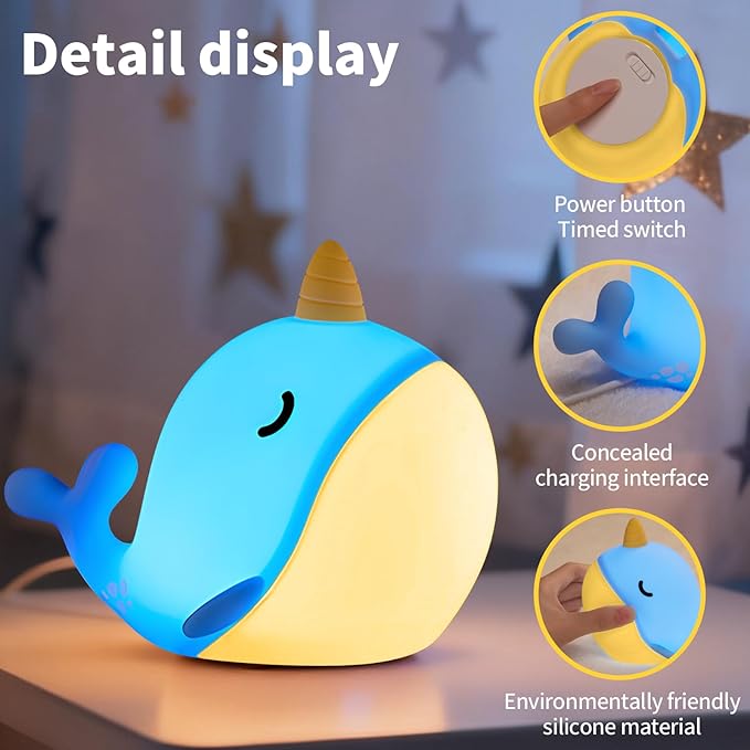 Cute Narwhal Night Light, Tap Control with 3 Warm White Brightness, USB Kids Bed Lamp with 30-Minute Timer, Soft Silicone Glow for Nursery, Birthday Gift (Blue Narwhal)