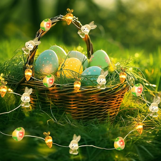 Coquimbo Easter Spring Decorations String Lights, 10FT 30 LED Spring Decor Fairy Lights Battery Operated Easter Egg Bunny Ornaments for Home Bedroom Party Spring Themed Easter Basket Stuffers for Kids