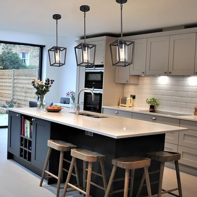 SGLfarmty 1-Light Black Pendant Lights Kitchen Island, Farmhouse Cage Metal Hanging Light Fixtures with Glass Shade，Adjustable Lantern Pendant Lighting for Dining Room, Entryway, Hallway