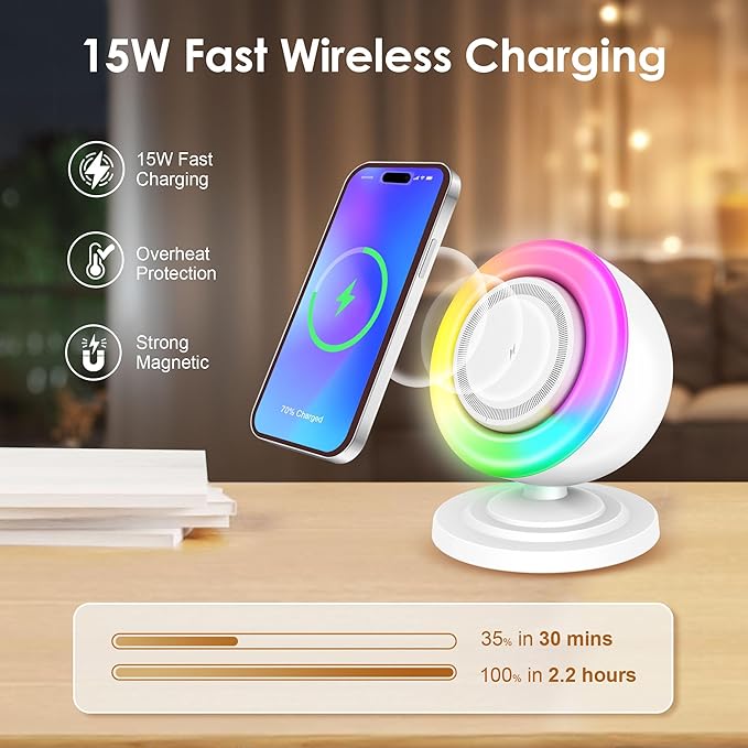 4 in 1 Bluetooth Speaker with 15W Magnetic Wireless Charger, Bedside Night Light,Touch Dimmable RGB Lights & Phone Stand for iPhone,Samsung,Android Device, Ideal Valentine‘s Gifts for Lovers (White)