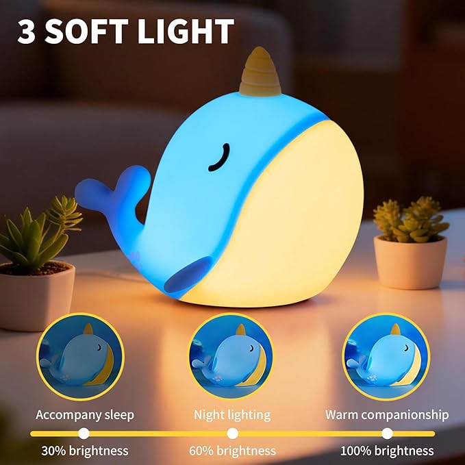Cute Narwhal Night Light, Tap Control with 3 Warm White Brightness, USB Kids Bed Lamp with 30-Minute Timer, Soft Silicone Glow for Nursery, Birthday Gift (Blue Narwhal)
