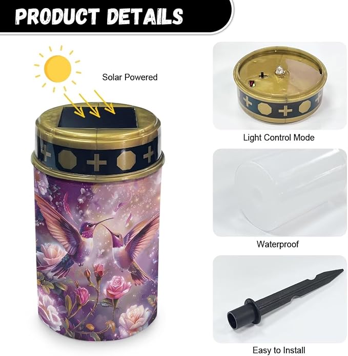 Hummingbird Purple Floral Prayer Cemetery Solar Lights for Grave Cemetery Decor Candle Lamp Cross and Floral Grave Solar Lights