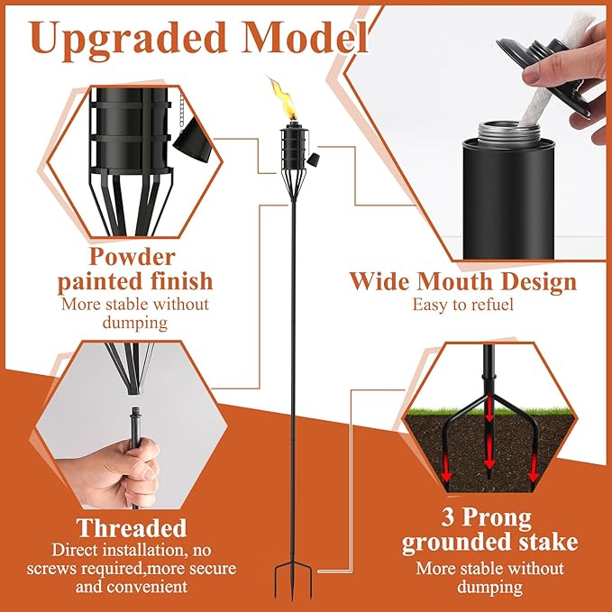 Upgraded Citronella Garden Torch Set of 2, Large Capacity 16oz Metal Torch for Outside, 59.5 Inch Black Home Torches with 3-Prong Grounded Stake,Metal Flame Torch Light for Party Patio Pathway
