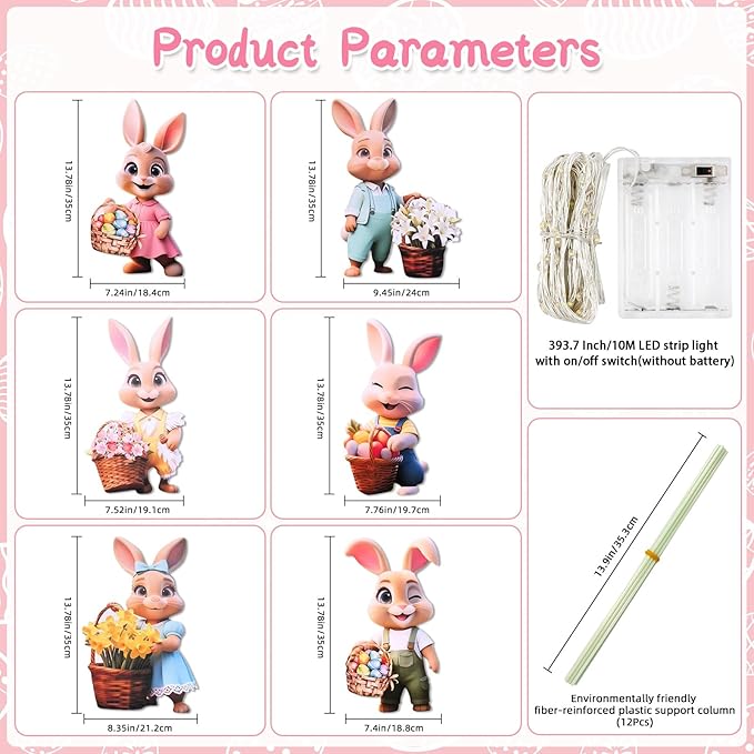 Outdoor Easter Decorations with 393.7 Inch LED Light for Home Bunny Porch, Plastic Easter Outdoor Bunny Yard Decorations, 6 Pcs, 13.78 x 9.45 In