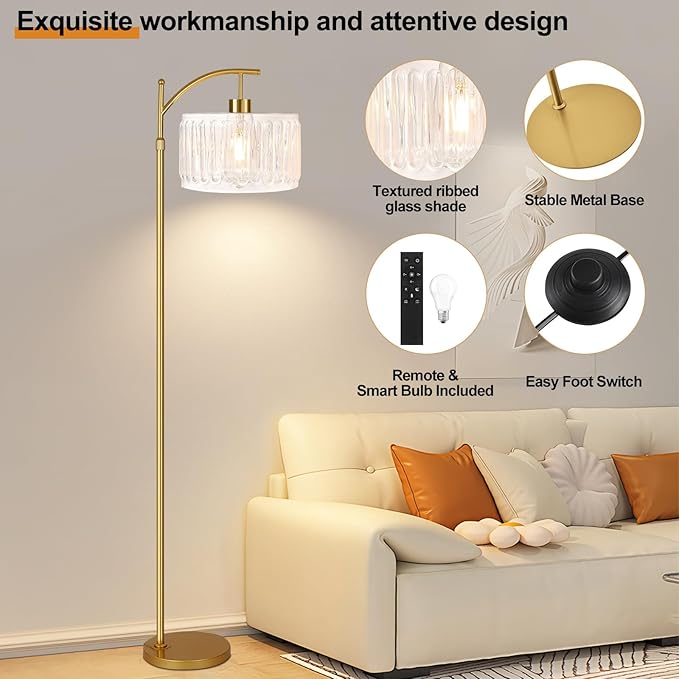 Glass Floor Lamp for Living Room,Bedroom,Gold Dimmable Standing Lamp with Remote,Brass White Tall Lamp Boho Mid Century Modern Floor Lamps Arc Floor Light Lamp Bohemian