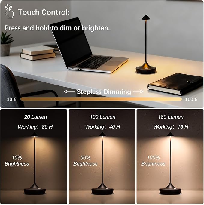2-Pack Cordless Rechargeable LED Table Lamps, Metal, 3 Color Touch Stepless Dimmable, IP54 Waterproof Portable Battery Operated for Outdoor Dining Patio Restaurant Home Decor, (Mocha Mini)