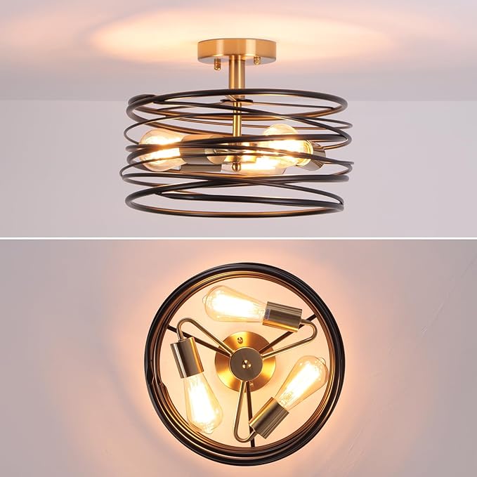 Black Rustic Drum Semi Flush Ceiling Light with 3-Light Brass Base, Modern Gold Farmhouse Chandeliers Metal Cage for Dining Room, Industrial Pendant Light for Entryway Kitchen Foyer Bedroom