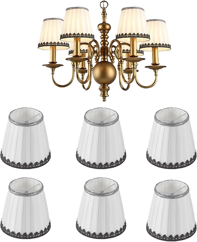 6 Pack White Linen Pleated Empire Clip-On Lampshades, 5.5" Top x 3.6" Bottom x 5.2" Height, Small Lamp Shades for Chandelier, Candle Wall Light Replacement