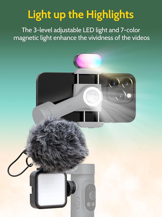 AOCHUAN 3-axis Gimbal Stabilizer for Smartphone w/ 1/4 Thread Foldable Phone Stabilizer for Recording, Built-in Fill Light, Smartphone Gimbal w/RGB Light for iPhone 15/14 Vlogging(Smart X Kit Grey)