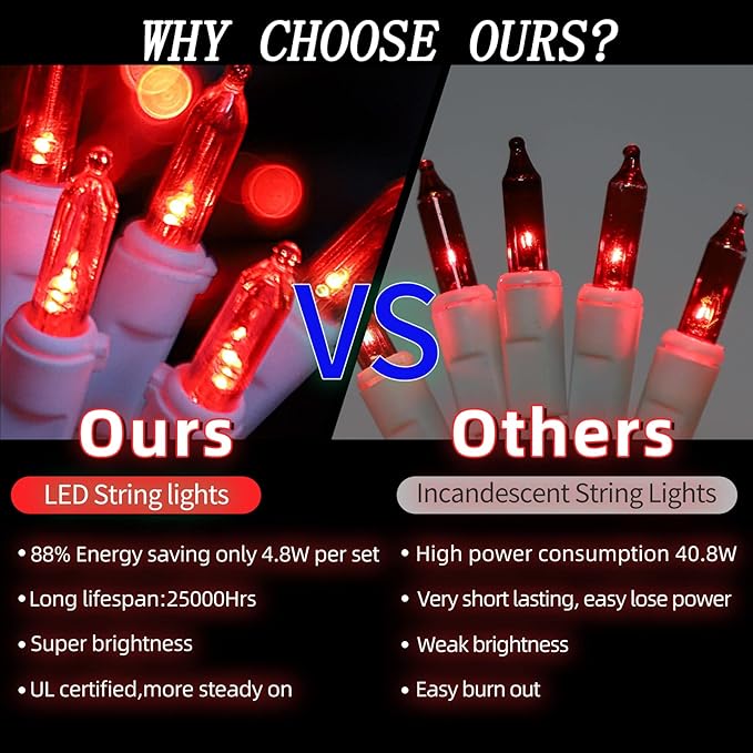 LAMPHOME 21.6ft 100 LED Red Valentine Lights, Connectable Valentine Room Light Indoor Plug-in, White Wire Red Christmas String Light Outdoor Waterproof for Valentines Day Bedroom, Party