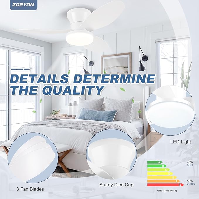 Small White Ceiling Fan with Light - 35 Inch Flush Mount Ceiling Fan with Lights and Remote, Low Profile Ceiling Fans with 3 Reversible Blades, 6 Wind Speeds, Ceiling Fans for Bedroom Kitchen