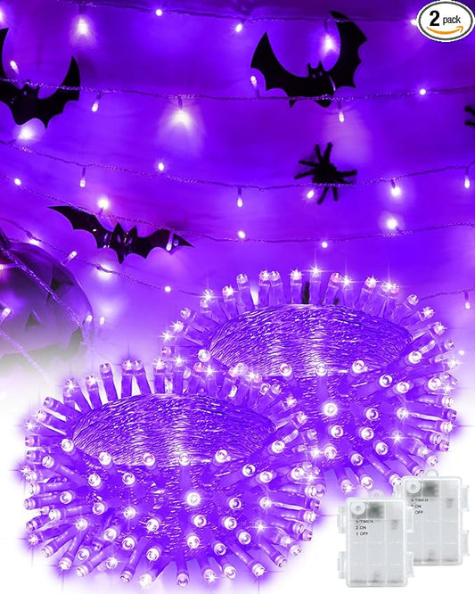 Halloween String Lights Battery Operated, Purple Fairy Lights with Timer Waterproof 16.4ft 50 LED Halloween Decorations for Outdoor Indoor Patio Party Garden Yard Decor 2 Packs