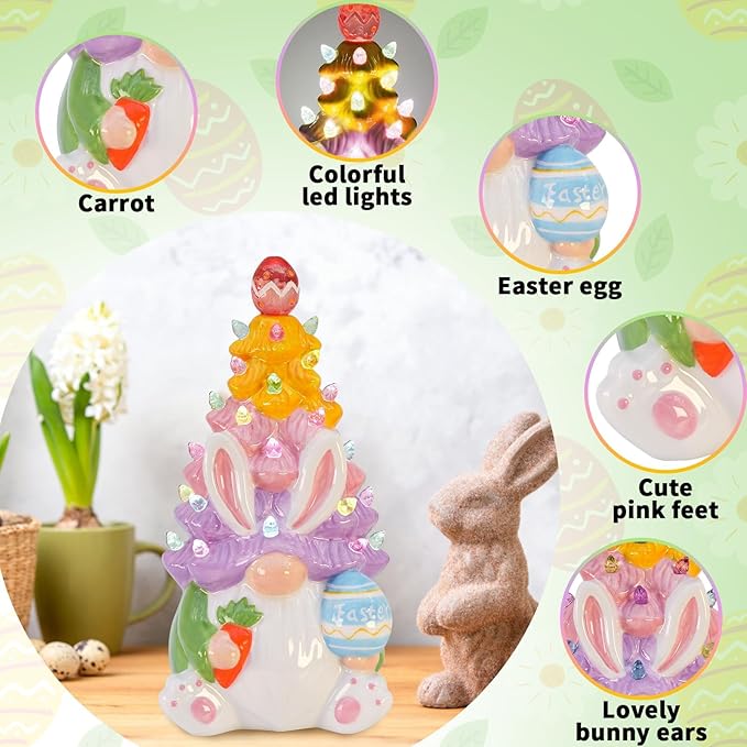 Timer - Easter Decorations for Home - Light up Easter Bunny Decor Spring Gnome Ceramic Tree Decor - Spring Decorations Centerpieces for Tables