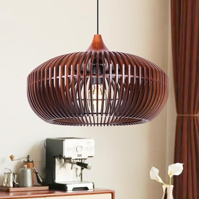 Wooden Pendant Lights, 16.89" 1-Light Wood Chandelier Coffee Lampshade Ceiling Fixture with Lamp Shade, Coastal Hanging Lighting for Dining Room Kitchen Island