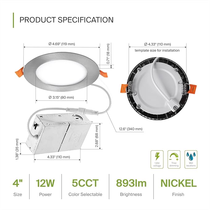 ASD 6 Pack LED Recessed Lighting 4 Inch 12W, 5 CCT 2700K-5000K CRI90+, IC Rated Ultra Thin Dimmable Ceiling Lights with J Box, Canless Wafer Downlight, Round Slim Panel Light, UL Listed, Nickel