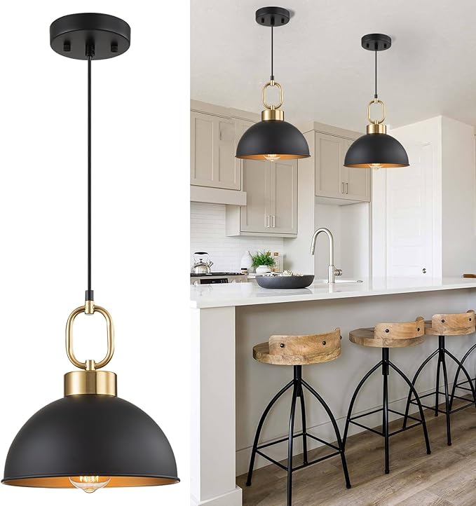 2 Pack Black Pendant Lights Kitchen Island, 10'' Farmhouse Industrial Pendant Light Fixtures, Adjustable Height Modern Dome Hanging Light for Kitchen Dining Room Entryway Bar