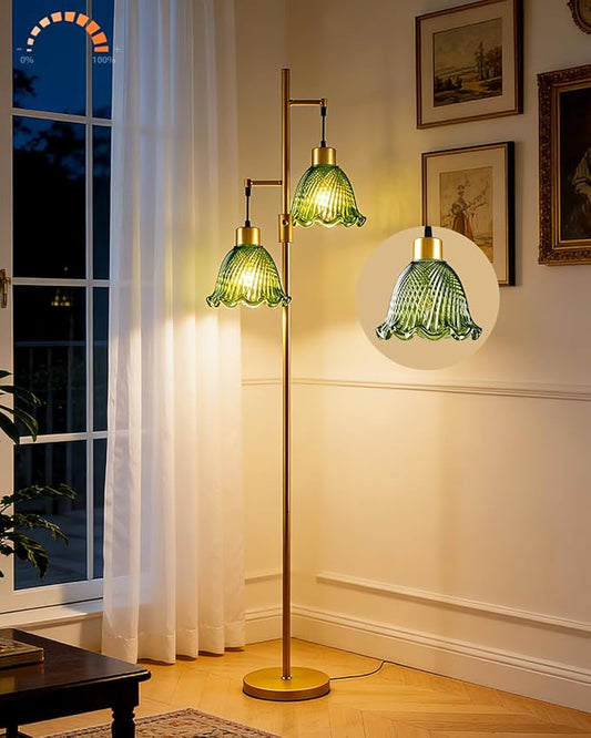 65IN Glass Floor Lamp, 2-Light Gold Tall Standing Lamps Dimmable with Green Glass Lampshade, 3000K Warmwhite Mid Century Modern Floor Lamp for Living Room/Bedroom/Sofa Beside/Home Decor