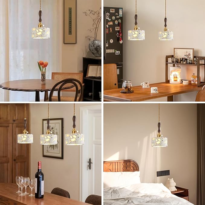 Modern terrazzo Pendant Light Fixture,Stone Pendant Lights with Wood Accent,Vintage Farmhouse Chandelier for Kitchen Island Dining Room Living Room Bedroom Restaurant Cafe