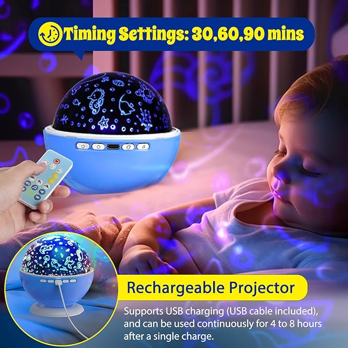 Night Light Projector,Night Light for Kids Room with Remote and Timer,360° Rotation,3 Projection Films,18 Light Modes,8 Lullaby Songs,Kids Night Lamp, Christmas Birthday Gifts for Boys Girls (Blue)