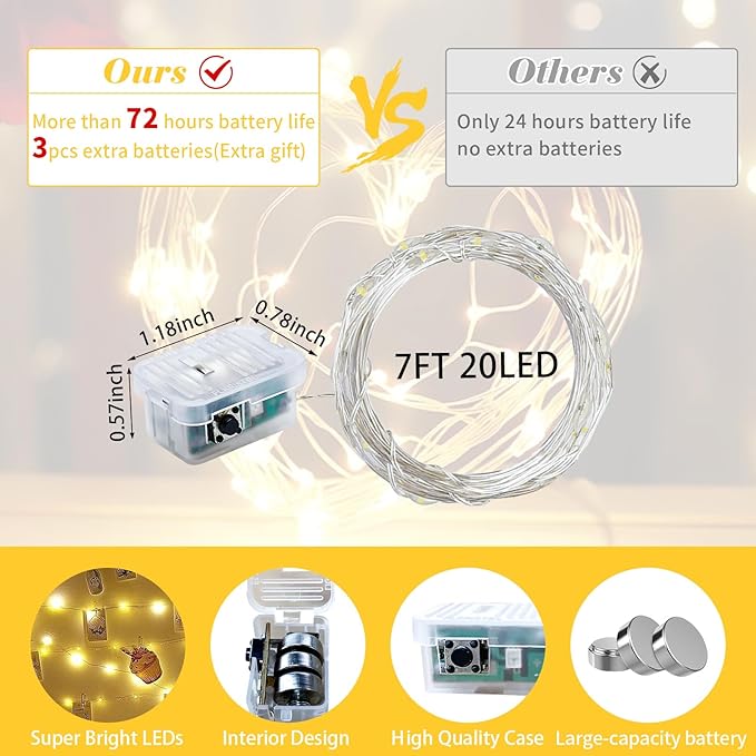 24 Pack Yellow Fairy Lights 7Ft 20 LED Twinkle String Lights 3 Modes Battery Operated Waterproof Firefly Starry for Mason Jar Easter Thanksgiving Christmas Halloween Day Table Centerpieces