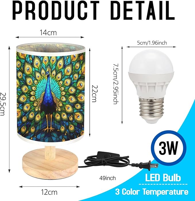 Peacock Table Lamp LED 3-Color Pressed Bedside, Peacock Shade Lamp with Wood Base for Bedroom Living Room Desk Office TL01