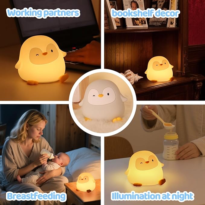 Penguin Silicone Night Light, 50H/12H Long Battery Life Touch Lamp with 30-Min Auto-Off Timer, Soft Dimmable Glow for Baby Kids Toddler Bedroom, Cute Easter Gift for Children